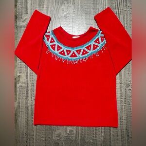Lisa International Red Knit SweaterTop With Beaded Neck